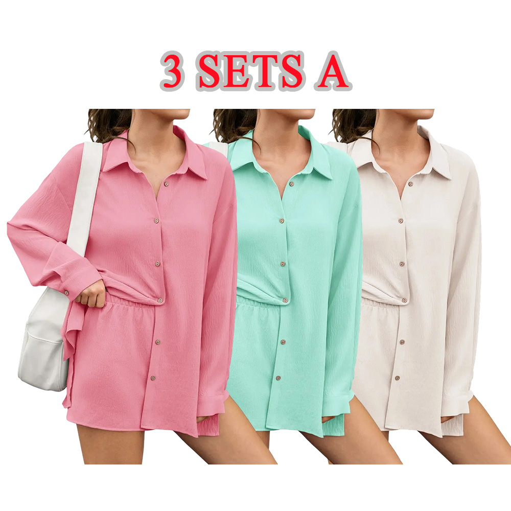 Womens Gauze Shirt & Shorts Set 2-in-1 Button Connected Oversized Long Sleeve Button-Down Top with Attachable Safety Shorts