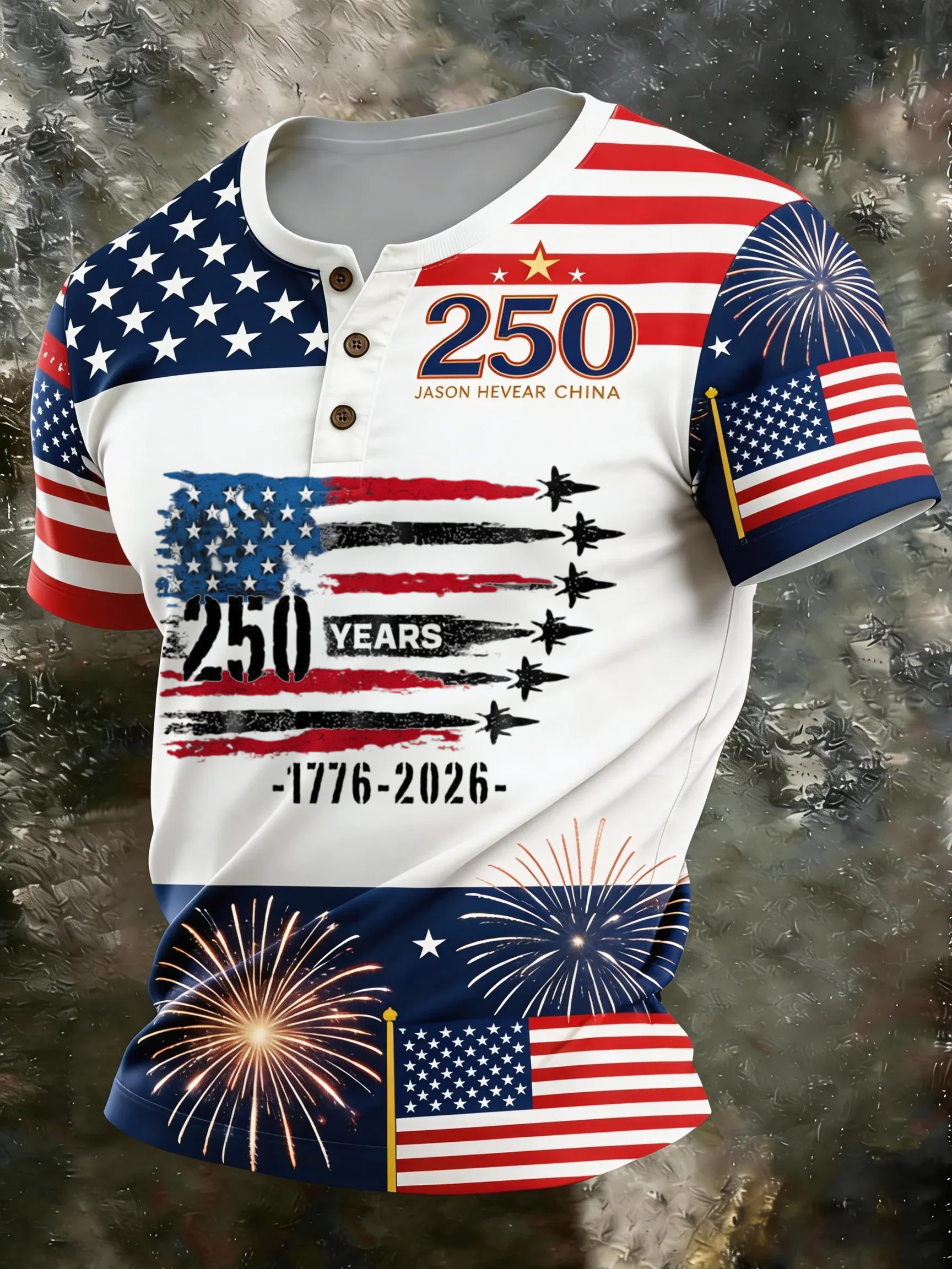 Men'S And Women'S 250Th Anniversary Celebration Henry Round Neck Button T-Shirt
