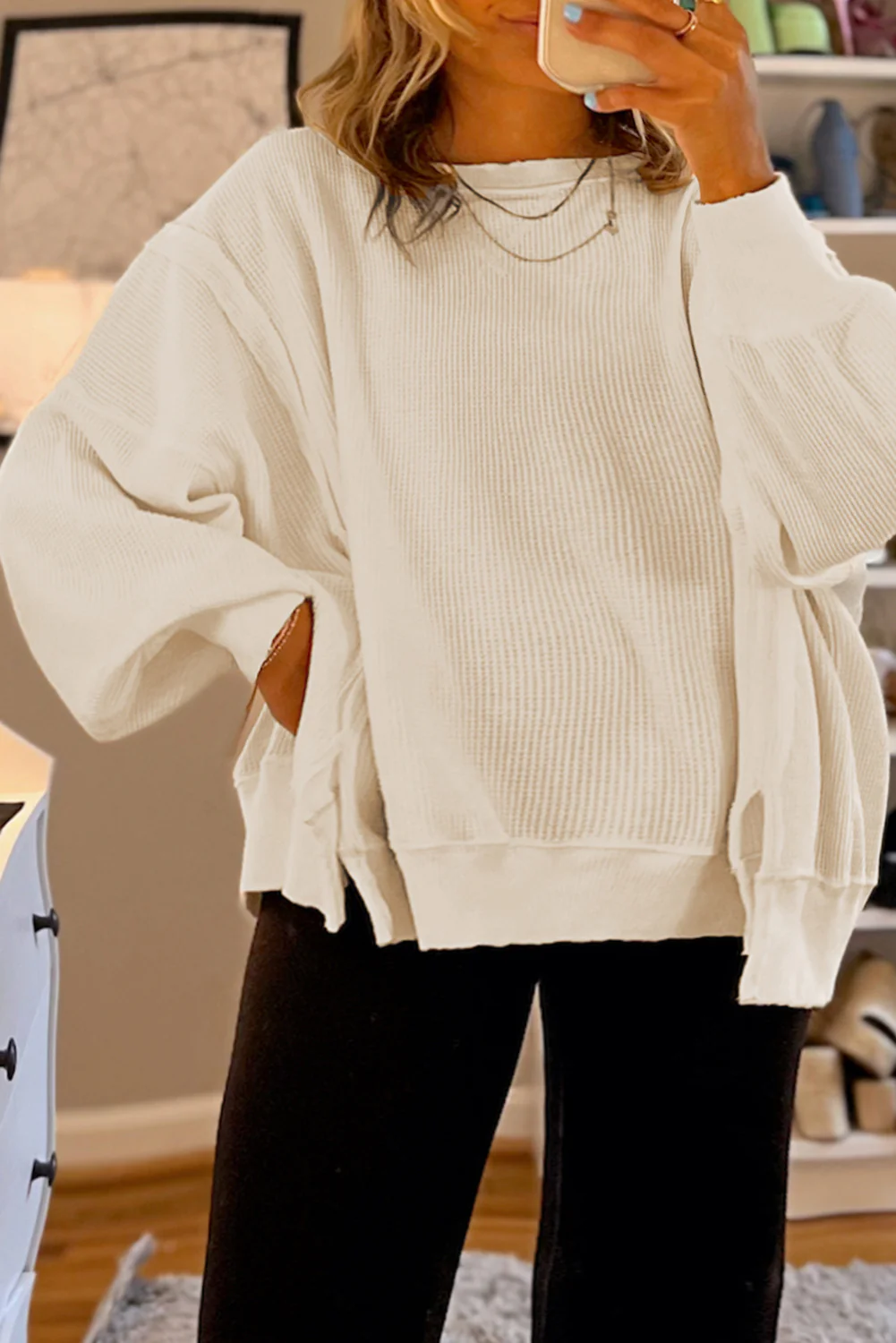 Waffle knit Bishop Sleeve Split Oversized Top