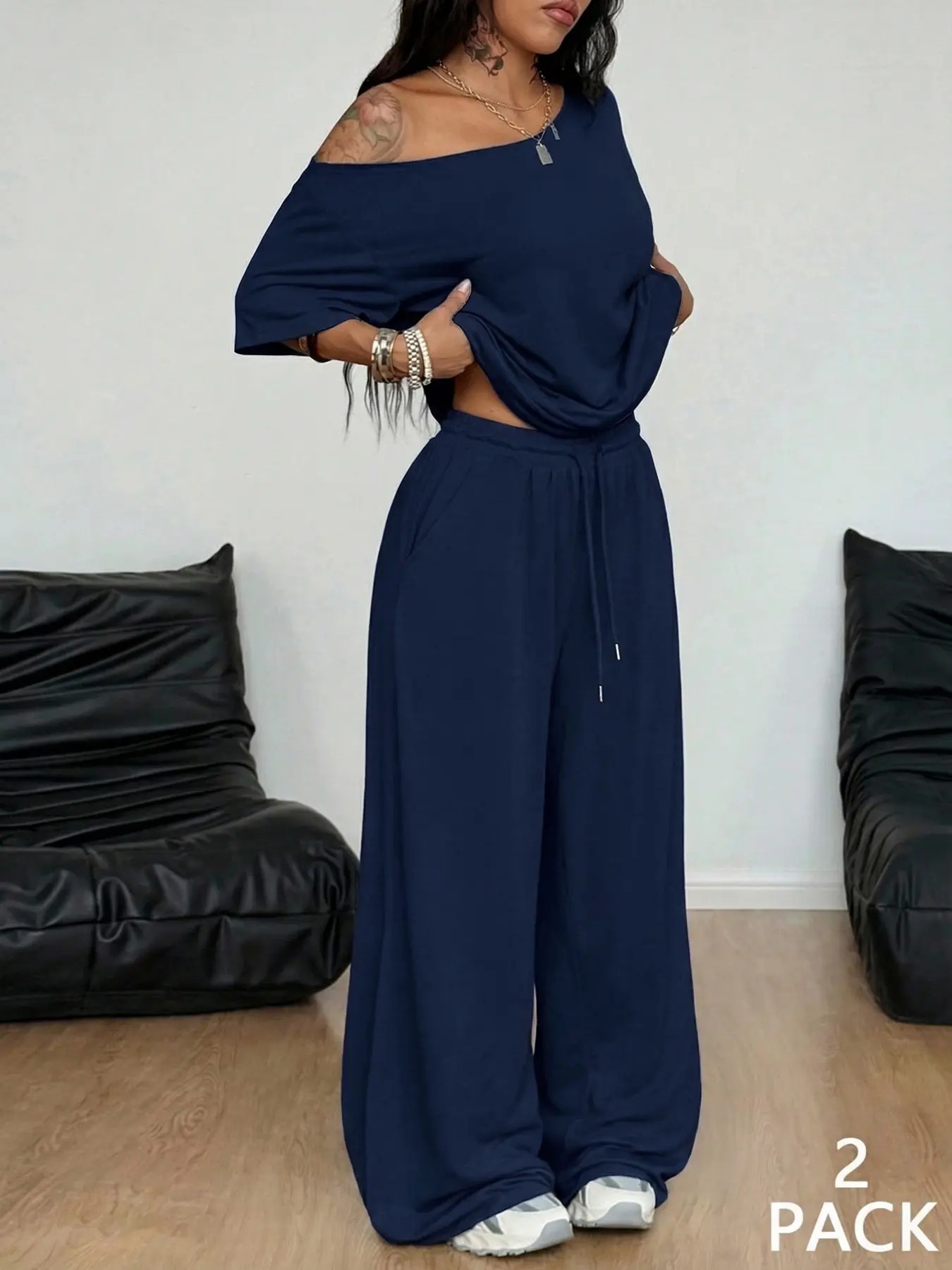Women's Minimalist Basic Daily Wear Casual Going Out Sport Comfortable Off Shoulder T-Shirt And Wide Leg Pants Two Pieces Outfits