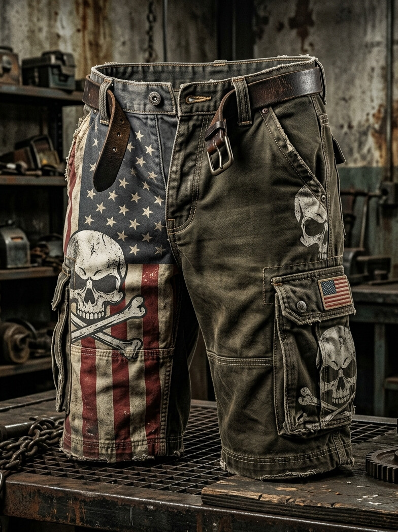 Men's Retro Skeleton Dark Art American Flag Print Casual Shorts