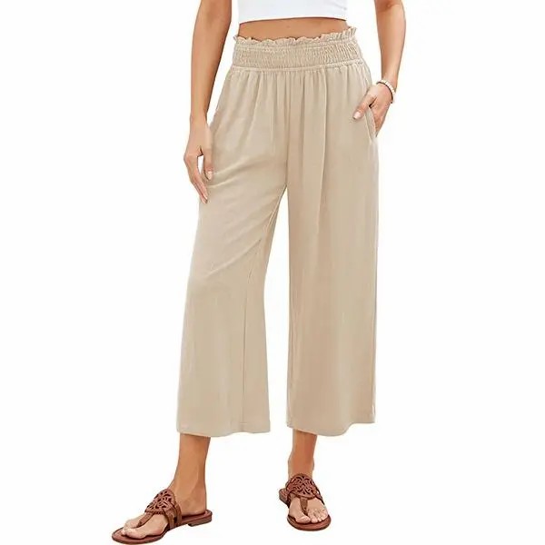 Women's High-Waisted Linen Blend Wide Leg Capri Pants