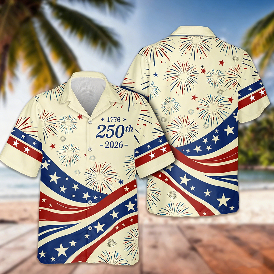 Men's 1776-2026 American Flag Firework USA Independence Day Beach Shirt