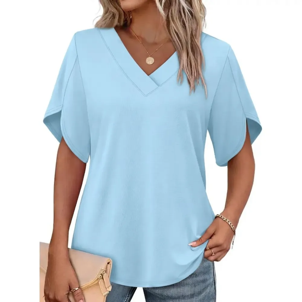 Womens Short Sleeve V Neck Dolman Tops with Side Shirring Loose Fit Shirts