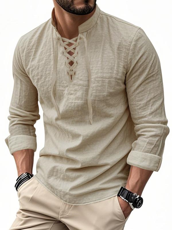 Men’s Lightweight Linen Long Sleeve Shirt with Drawstring Stand Collar