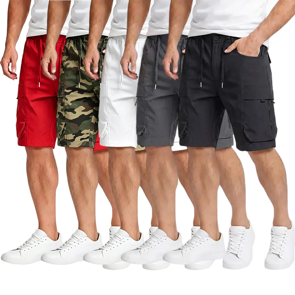 Men’s casual cargo shorts with zippered pockets and a buttoned placket