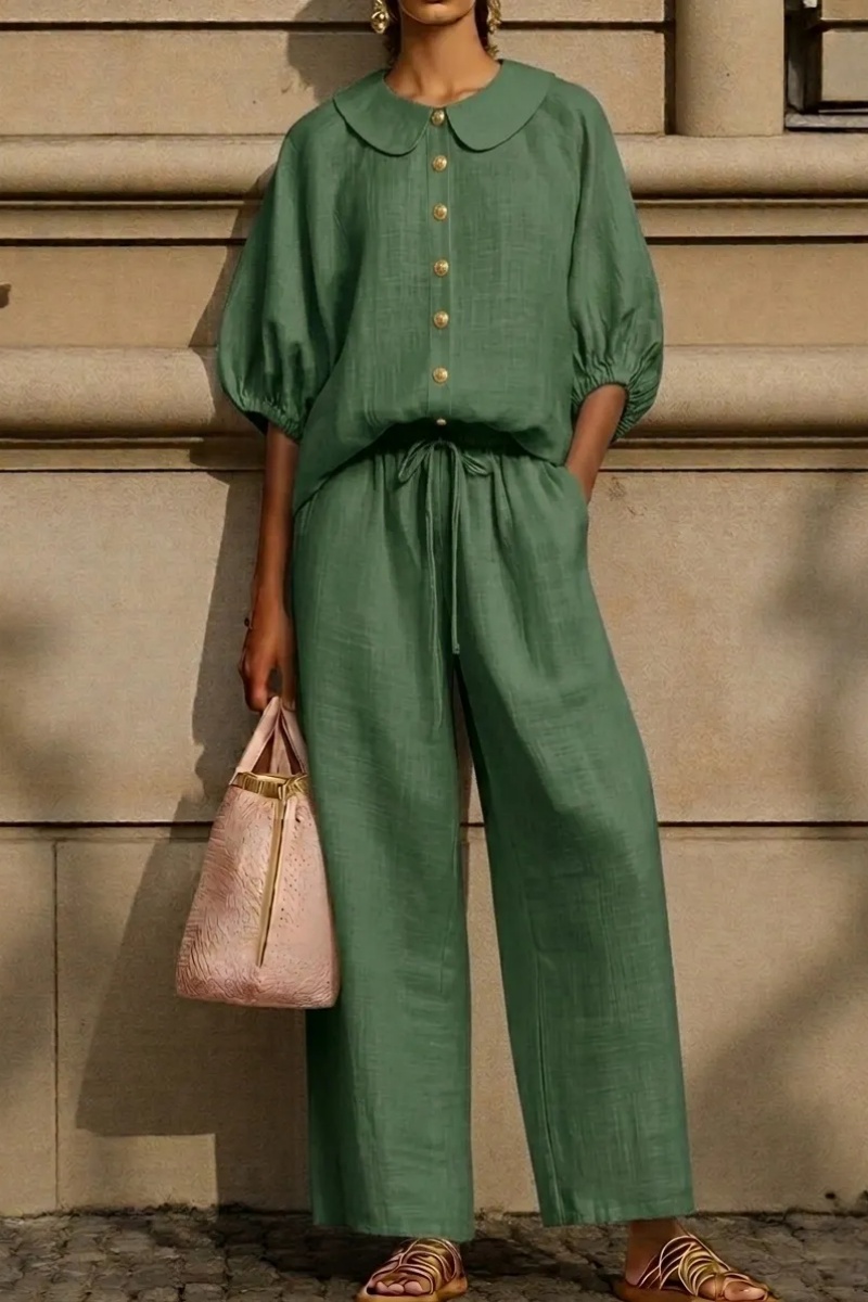 New Arrivals🔥Stylish Peter Pan Collar Shirt And Wide-leg Pant Linen Two-piece Set