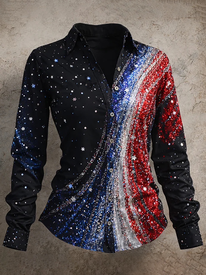 Ladies' Casual American 250Th Anniversary Celebration Long Sleeved Lapel Shirt