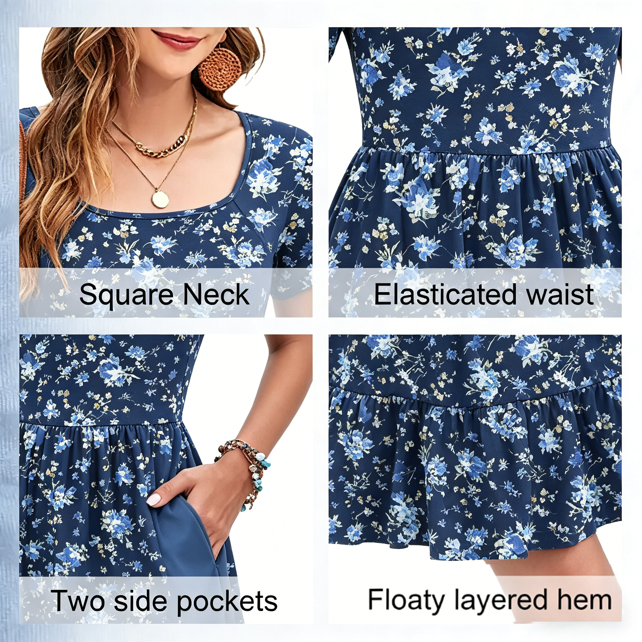 Women Square Neck Ditsy Floral Dress
