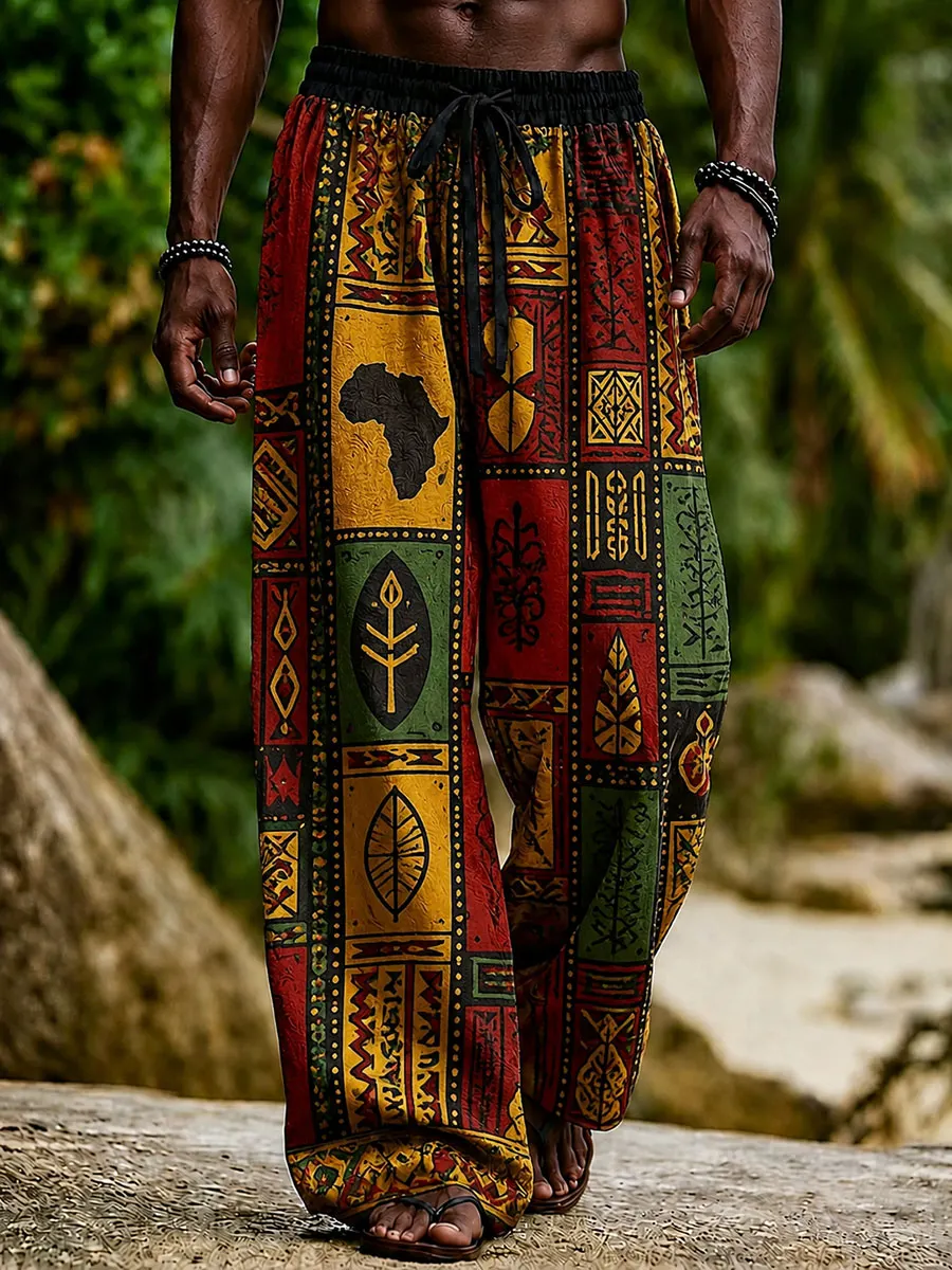 African Tribal Style Colorful Patchwork Totem Print Loose Fit Jogger Pants for Men