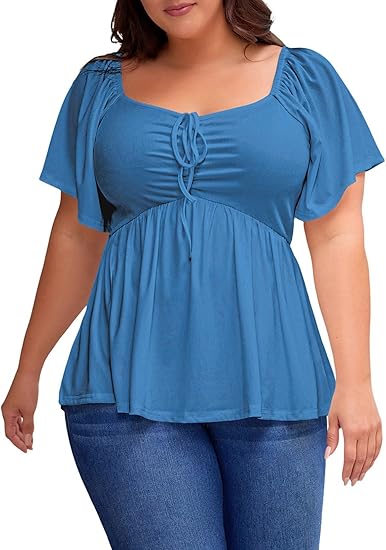 Womens Plus Size Tops Short Sleeve Sweetheart Neck Shirred Peplum Blouse Shirts