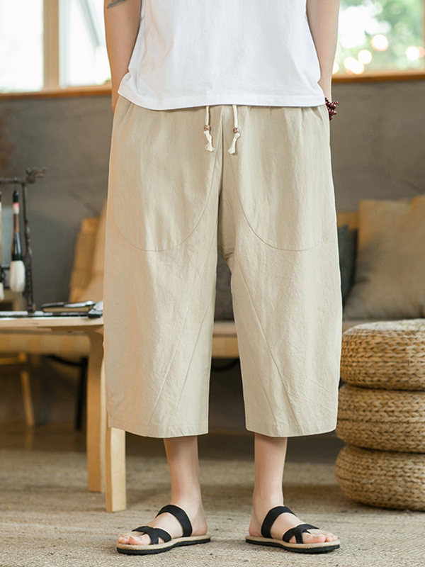 Men's Casual Linen Loose Fit Elastic Waist Wide Leg Harem Capri Pants