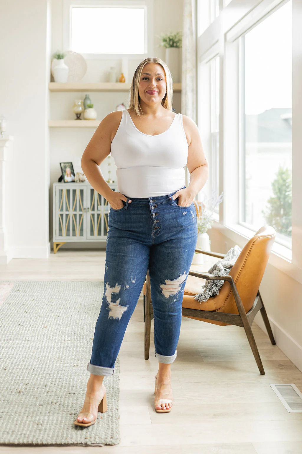High Rise Button Fly Distressed Boyfriend Jeans