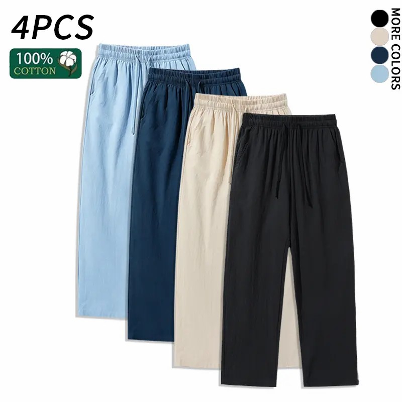 4-Pack 100% Cotton Linen Wide Leg Pants | Breathable Drawstring Summer Pants for Men & Women