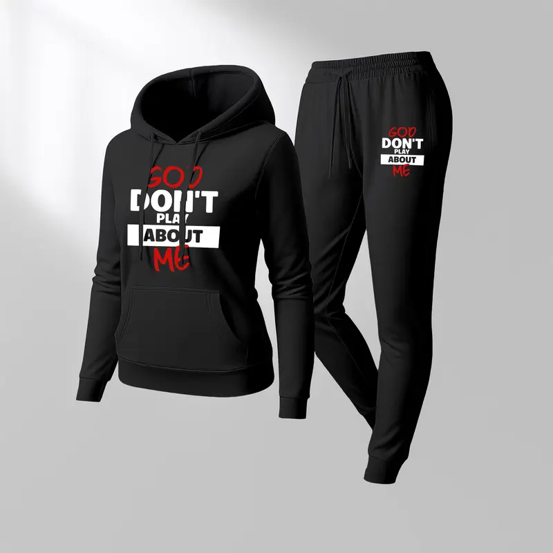 Women's GOD DON'T PLAY ABOUT ME Graphic Print Hoodie, Casual Sportswear, Long-Sleeved Hooded Jacket, Suitable for Autumn and Winter, Everyday Wear, Indoor and Outdoor Sportswear Set SpringStatements
