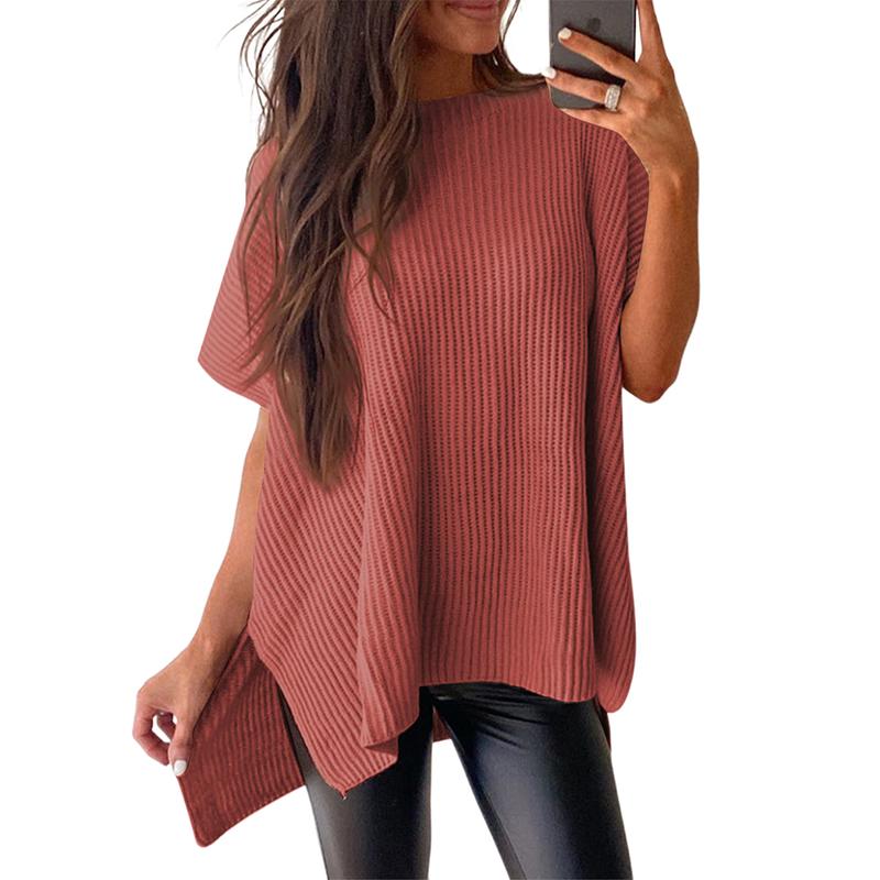 Women’s Oversized Ribbed Knit Top – Crew Neck Short Sleeve Pullover with Side Slit