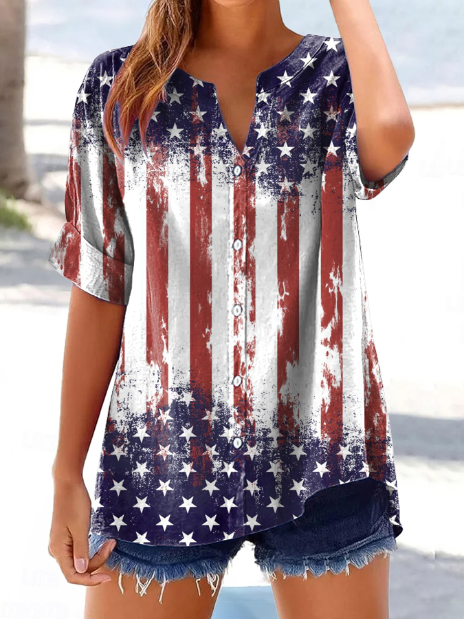 Women's retro American flag printed casual shirt