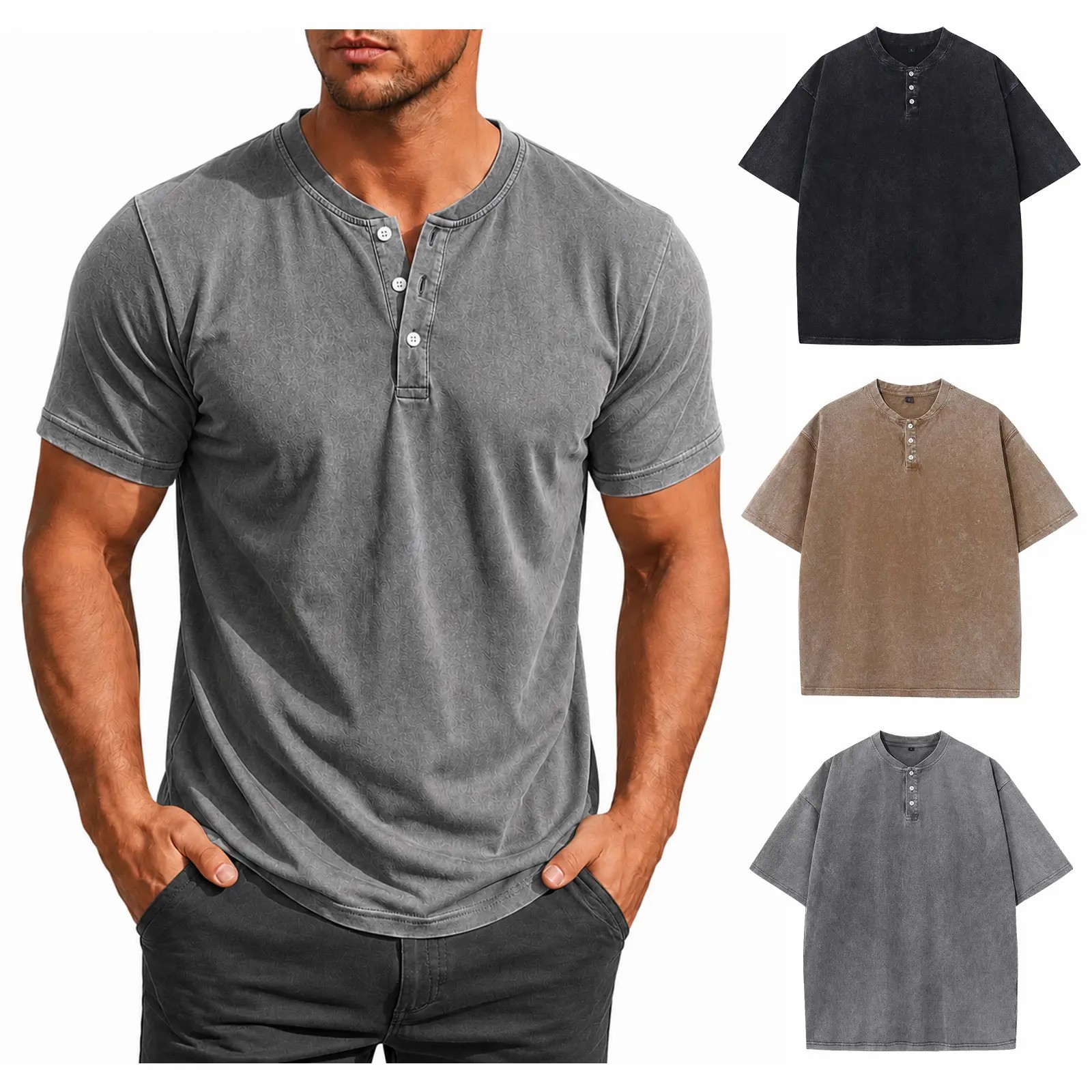 Men's 5-Pack Acid Wash Henley Shirts – Oversized Cotton Vintage Streetwear Tees
