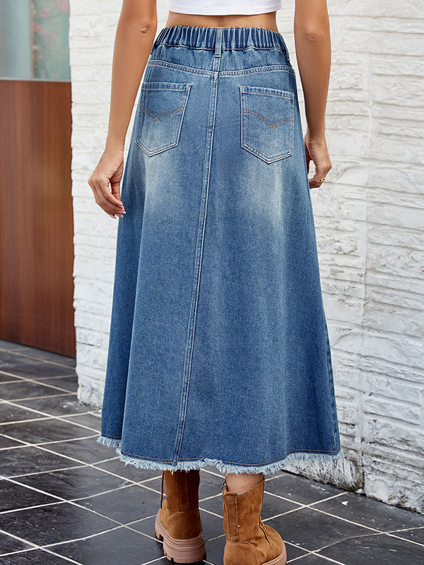 Buttoned Elasticity Fringed Pockets Split-Joint A-Line Loose Skirts Bottoms