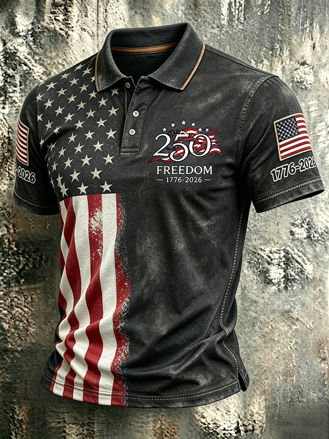 Men'S Casual American 250Th Anniversary Commemorative Washed And Distressed Printed Collar T-Shirt