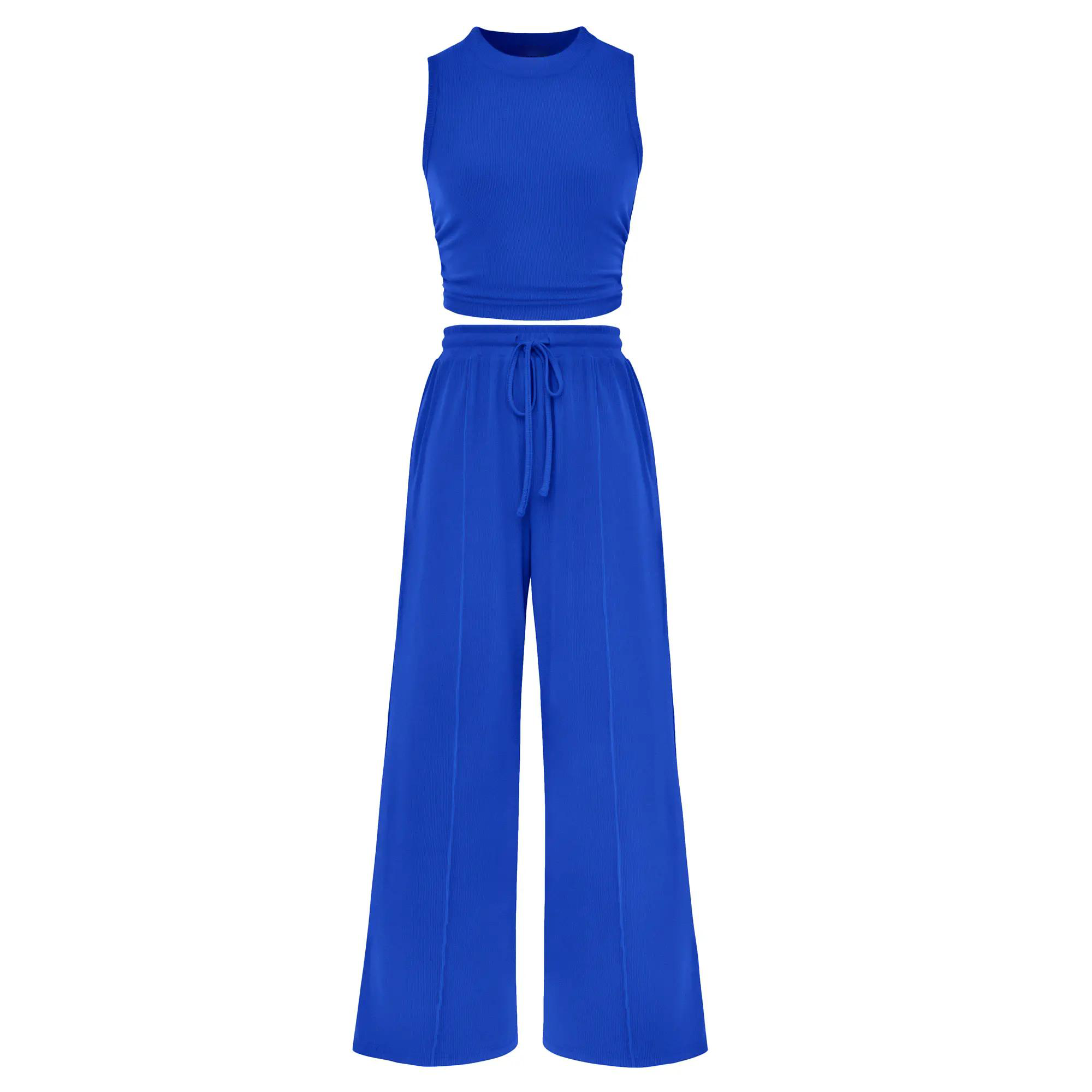 Women's Ribbed Knit Crop Top & Wide Leg Pants Lounge Set