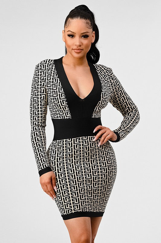 Nina's Black & White Print Bandage Mini Dress