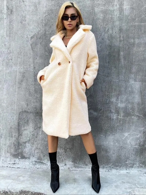Women's Plain Pocket Button Front Faux Fur Coat