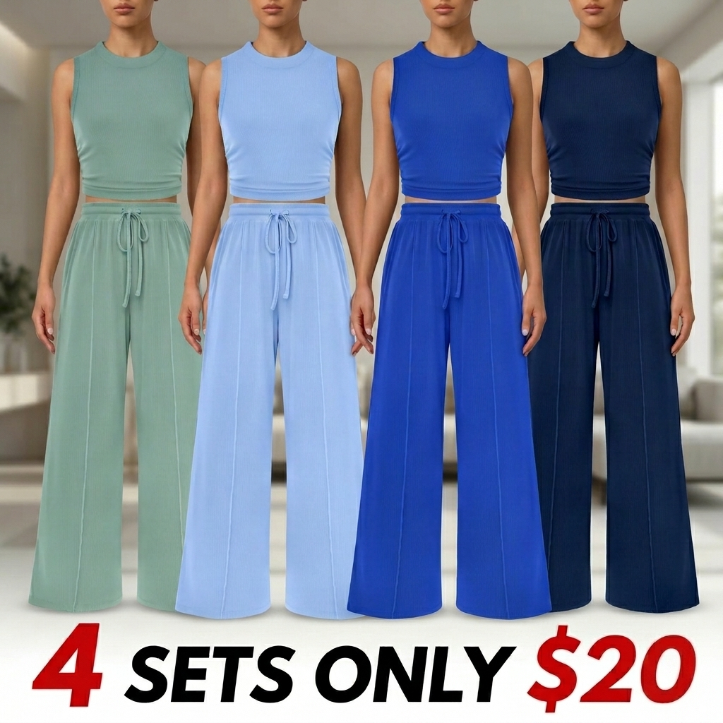 Women's Summer 2-Piece Outfits - Ribbed Knit Crew Neck Sleeveless Cropped Top & Wide Leg Pants Lounge Set