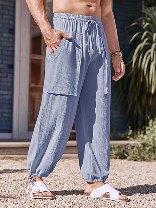 Men's Casual Slant Pocket Elastic Waist Drawstring Cotton Linen Loose Pants