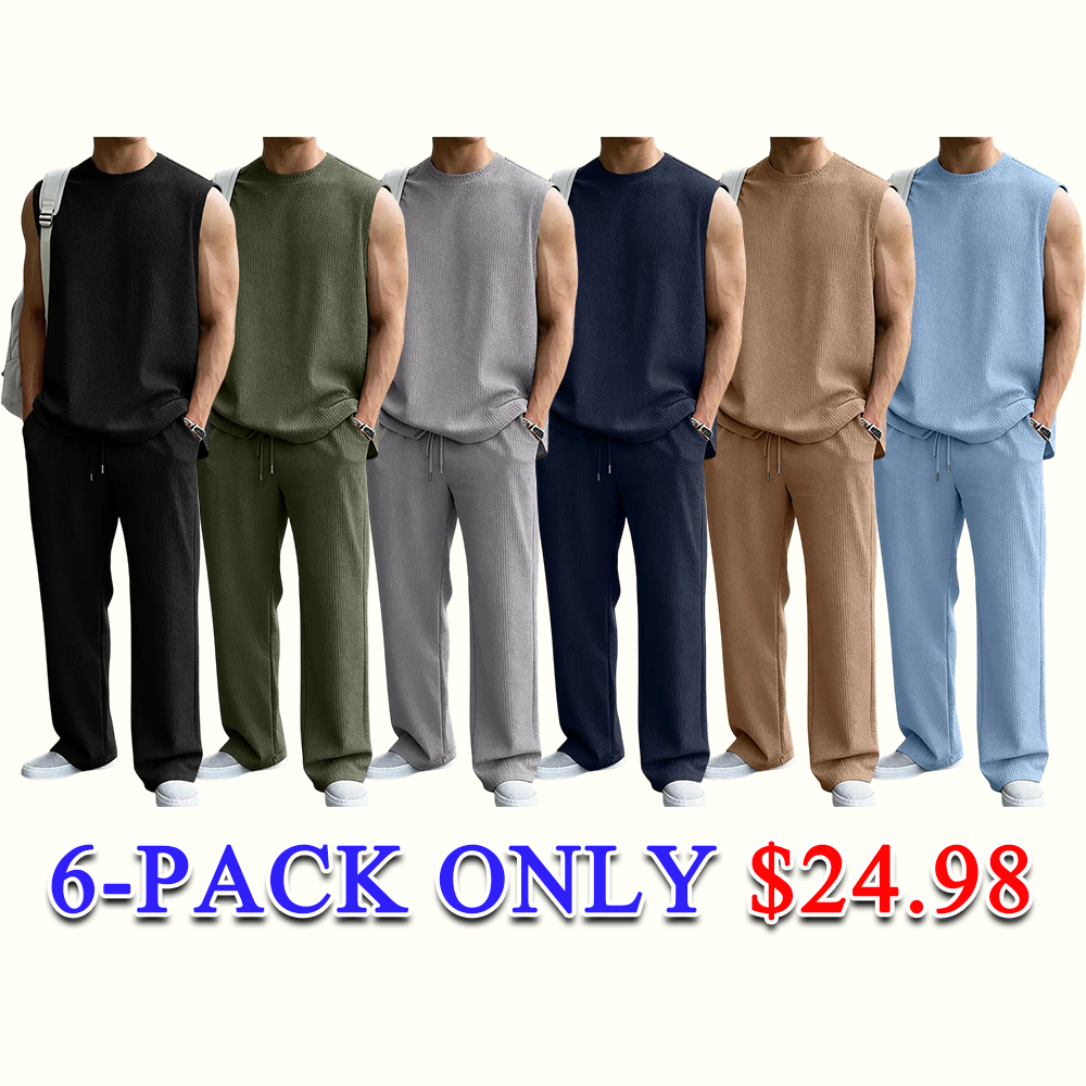 Men's Rib Knit 2 Piece Outfit Sleeveless Tank Top & Baggy Wide Leg Pants