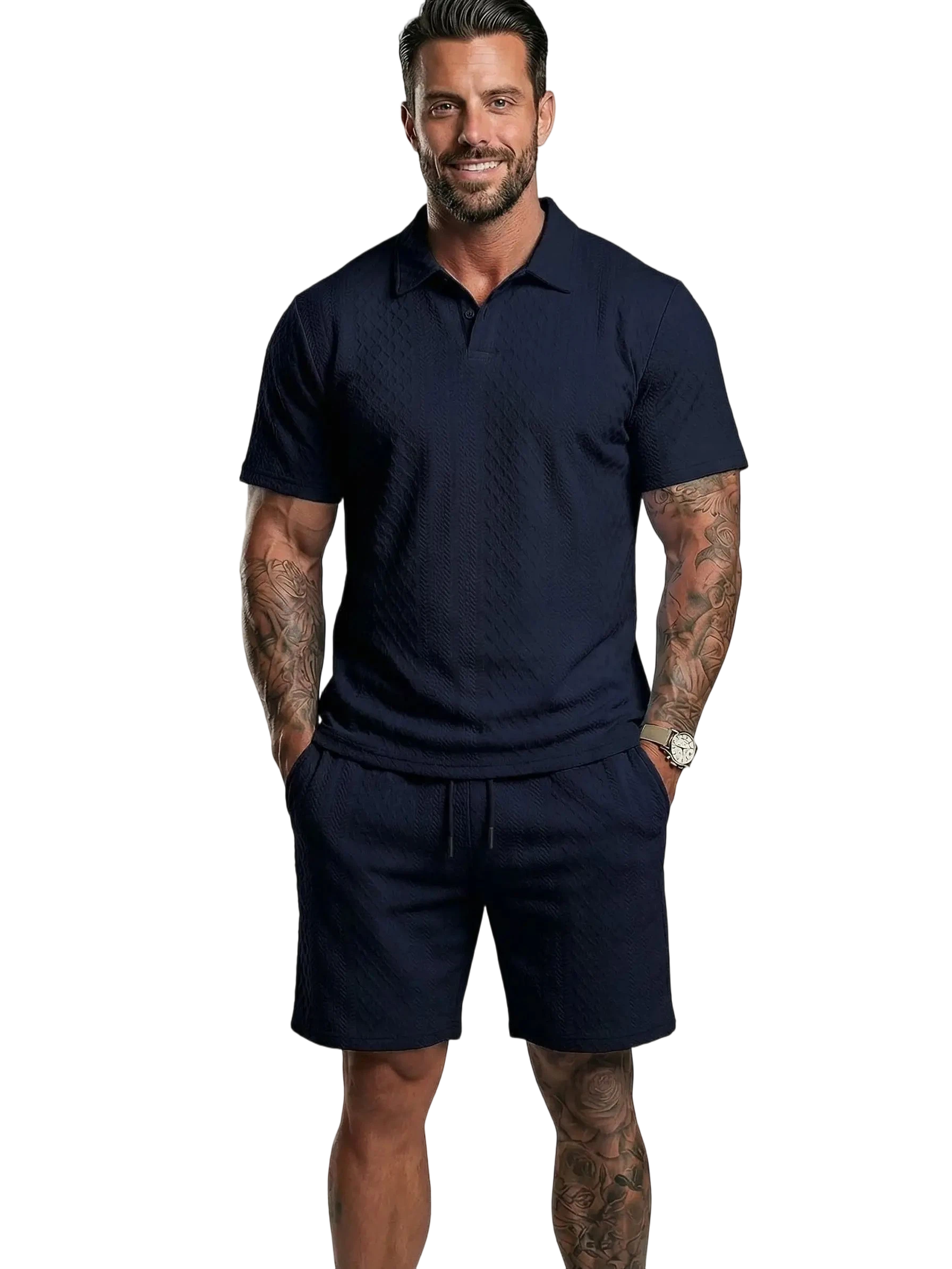 Men’s Polo Shirt & Drawstring Shorts Set – Breathable Casual 2-Piece Outfit