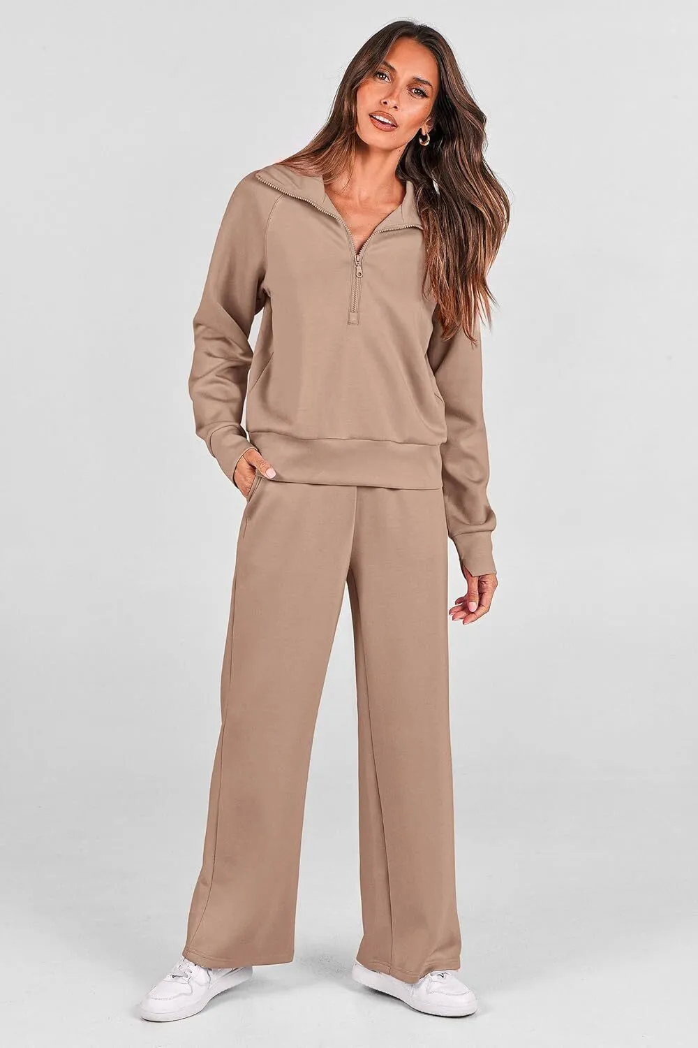 🔥Final Day Clearance!🛒Women's 2 Piece Outfits Casual Lapel Half Zip Sweatshirts And Wide Leg Pants Tracksuit Sets🔥8-PACK ONLY $28🔥