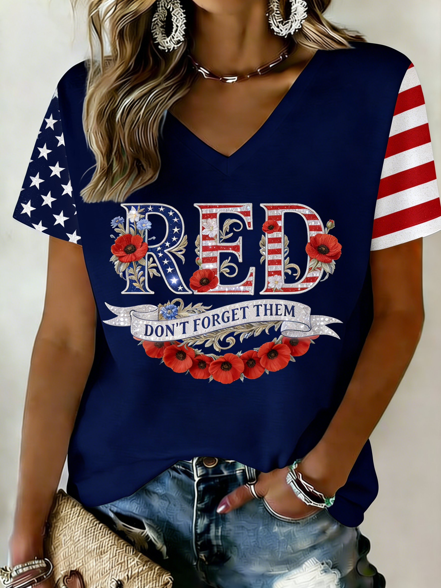 Women's Red Friday Printed V-Neck T-Shirt