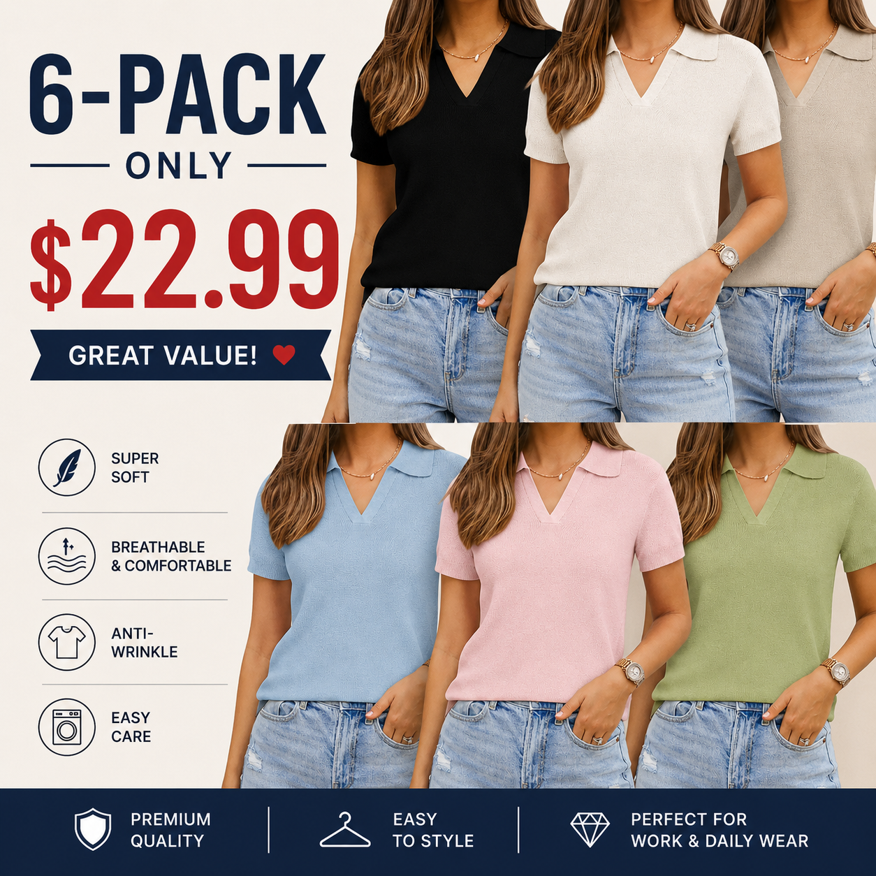 Women's Soft Wool-Blend Short-Sleeve Knit Polo Shirt
