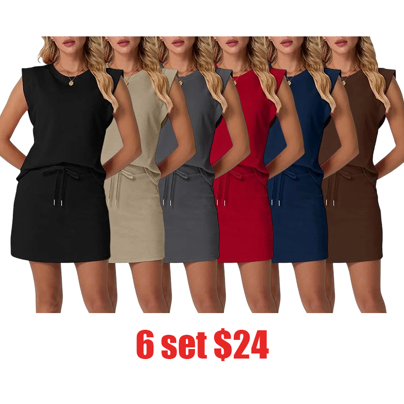 Women's Summer 2 Piece Skort Set – Cap Sleeve Round Neck Top & Tennis Skirt with Pockets for Athletic & Casual Wear