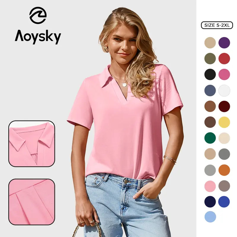 Women's Short-Sleeve Slim-Fit Lightweight Polyester V-Neck Polo Shirt