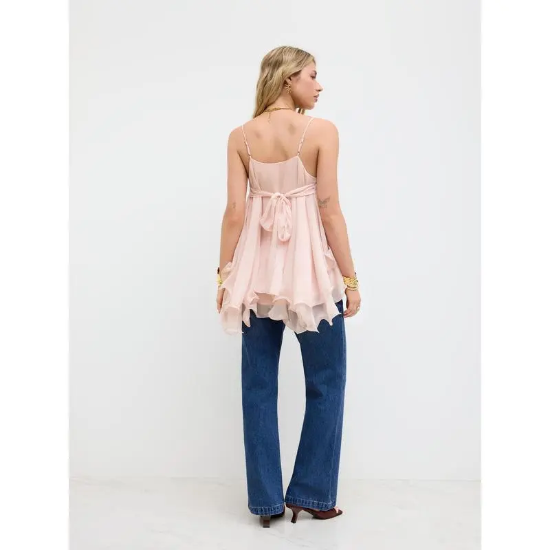 Ruffle Hem Knotted Layered Mesh Cami Top