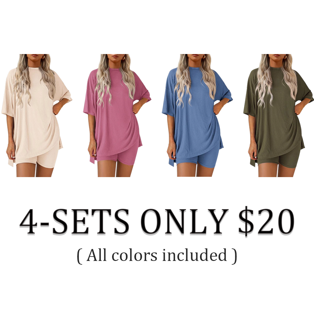 Women’s Oversized Lounge Set-Breathable Crewneck Top & Pocket Shorts
