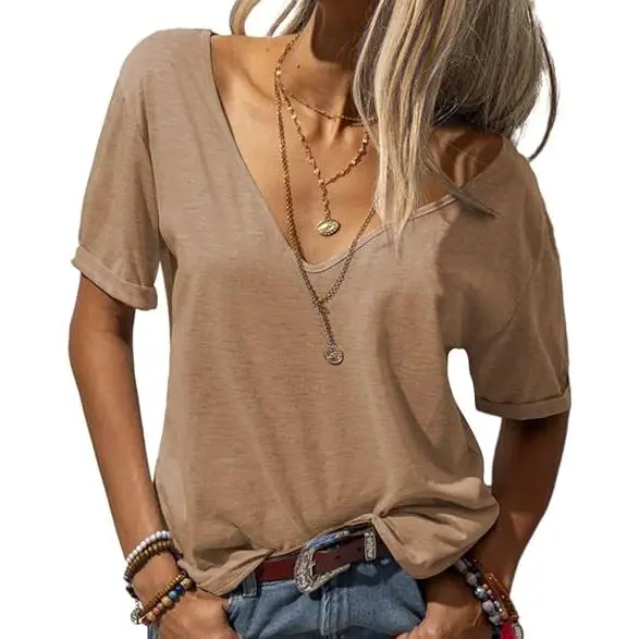 Women's Fashion Deep V-Neck Short Sleeve Tops Solid Casual Loose Basic T Shirt
