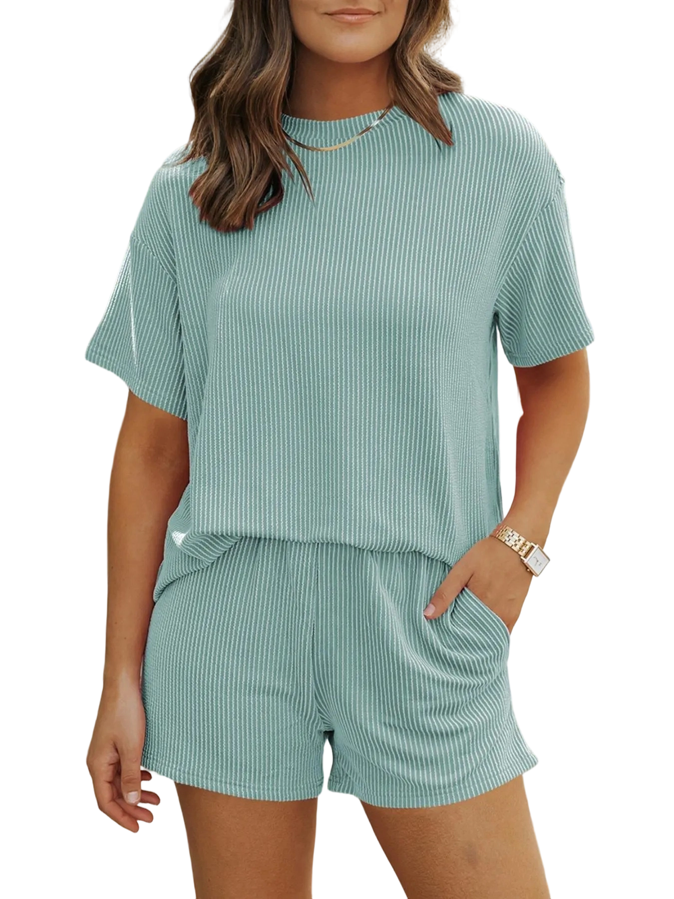 Women's Solid Twisted Ribbed Knit Textured Pocket Shorts Set, Casual Short Sleeve T-shirt & Elastic Waist Shorts