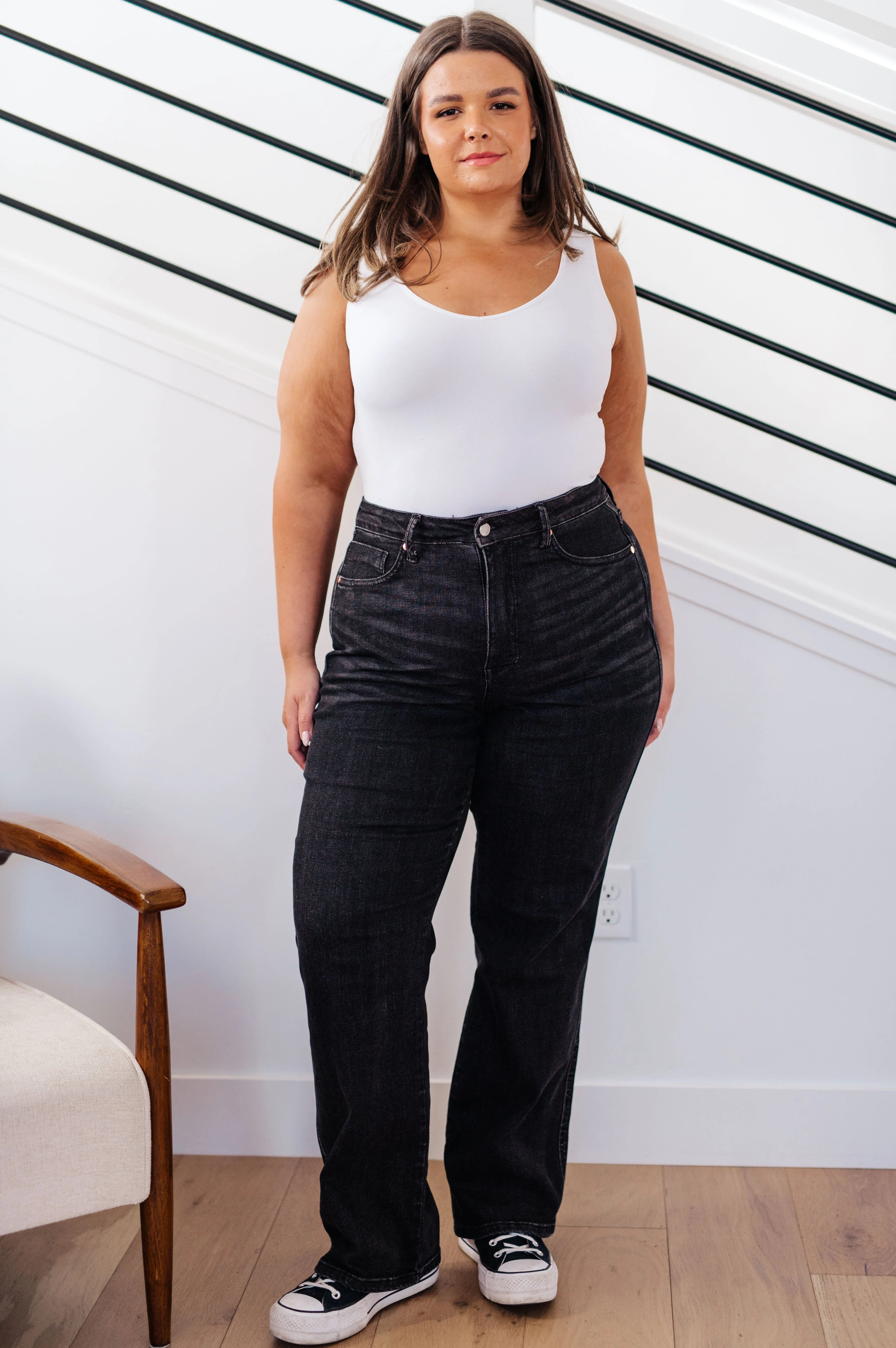 Blue Joan High Rise Control Top Straight Jeans in Washed Black