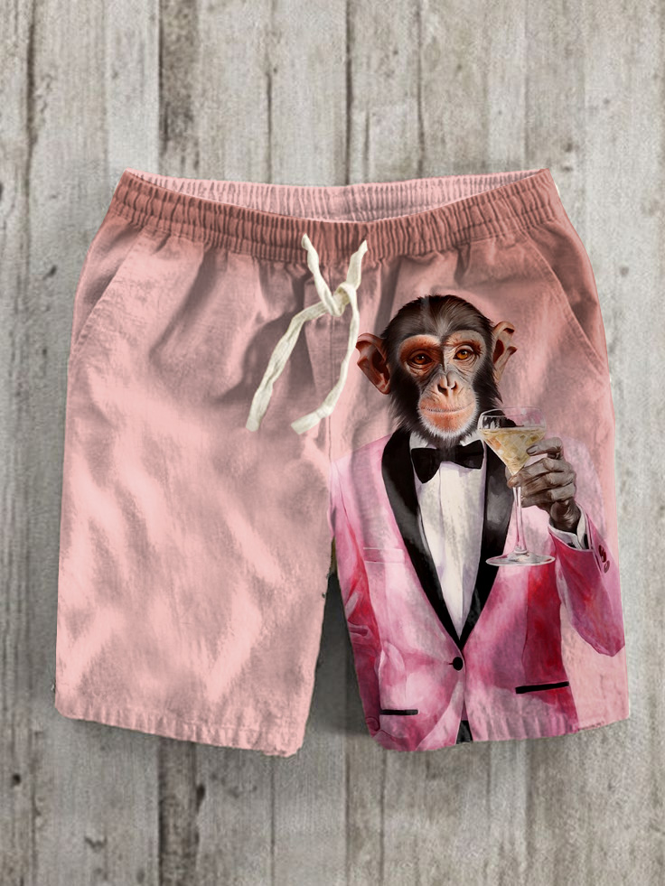 Men's Fun Monkey Gentleman Drinks Cocktail Art Print Shorts
