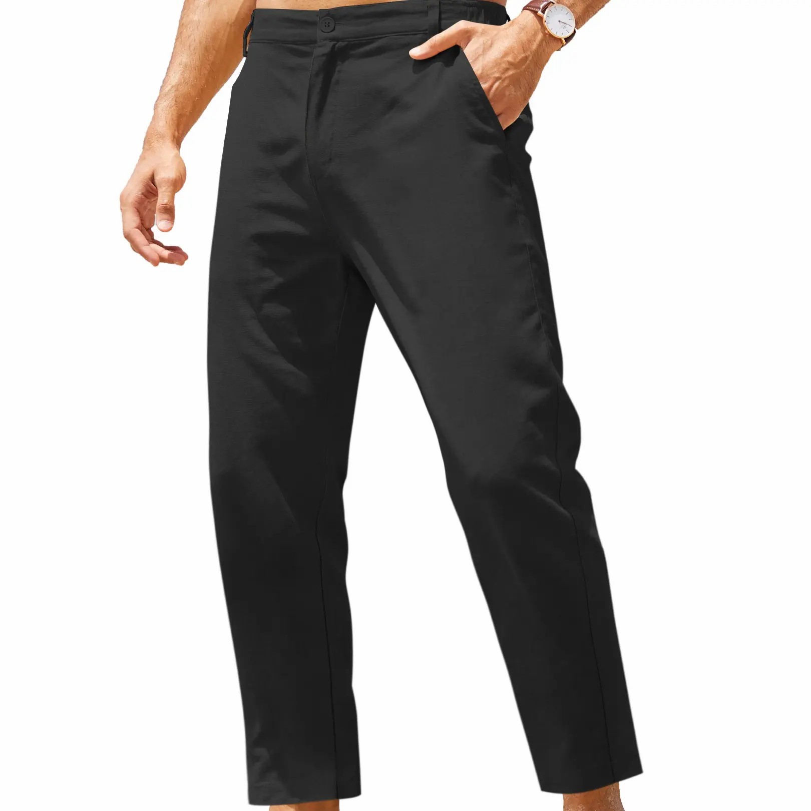 Men’s Lightweight Cotton Linen Pants – Elastic Waist Casual Beach Trousers