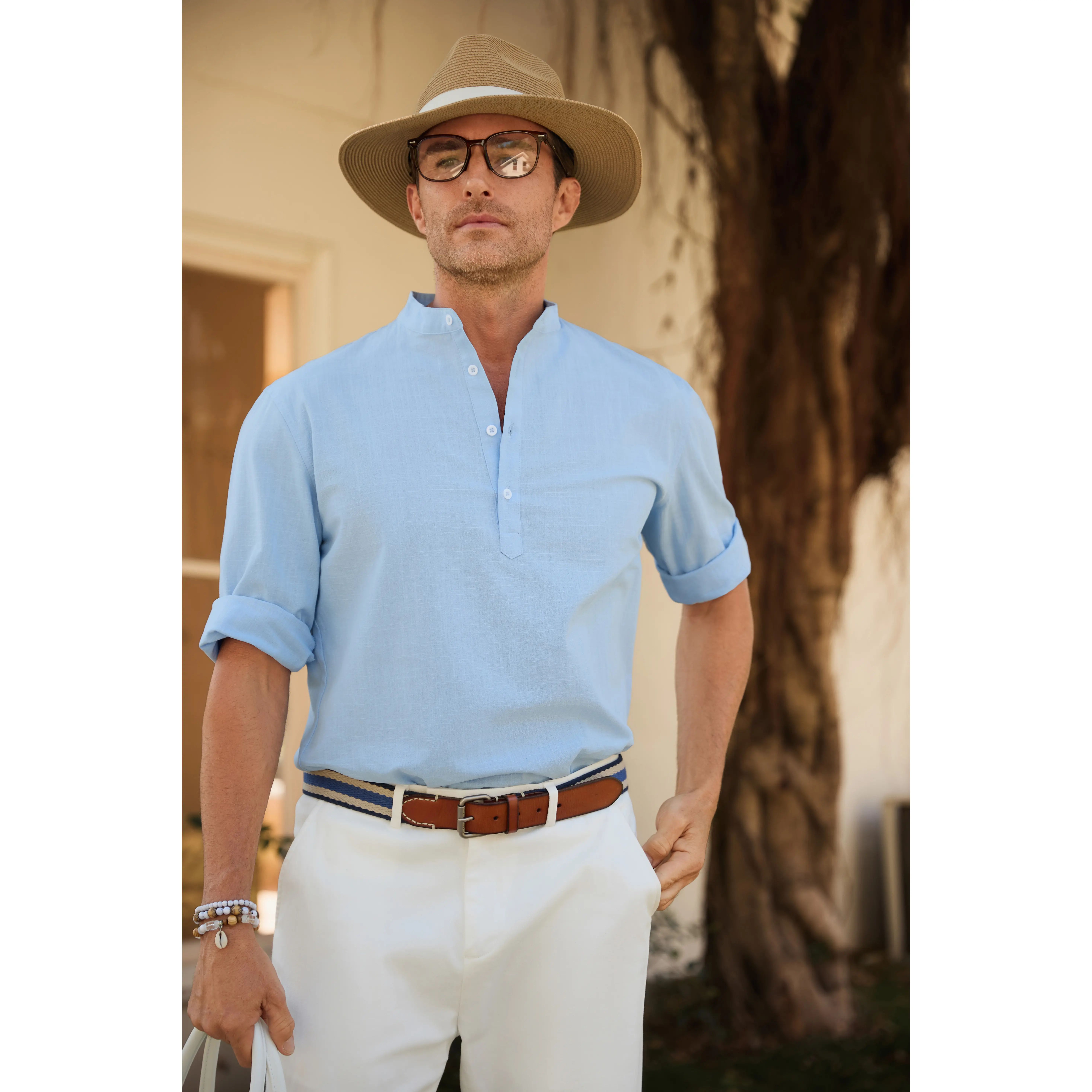 Mens 70% Cotton 30% Linen Shirts Casual Cotton 3/4 Sleeve Regular-Fit Henley T-Shirt Summer Lightweight Beach Yoga Tops