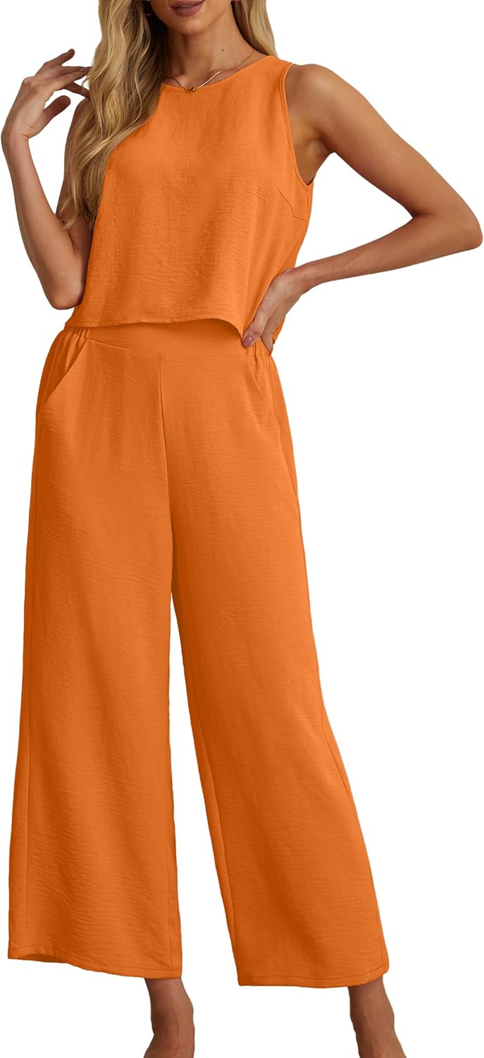 Women's Summer 2 Piece Outfits Set Round neck Sleeveless Tank Crop Top Wide Leg pants Set Pockets Jumpsuits