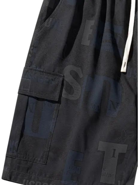 Men’s summer shorts with letter print, drawstring, and multiple pockets