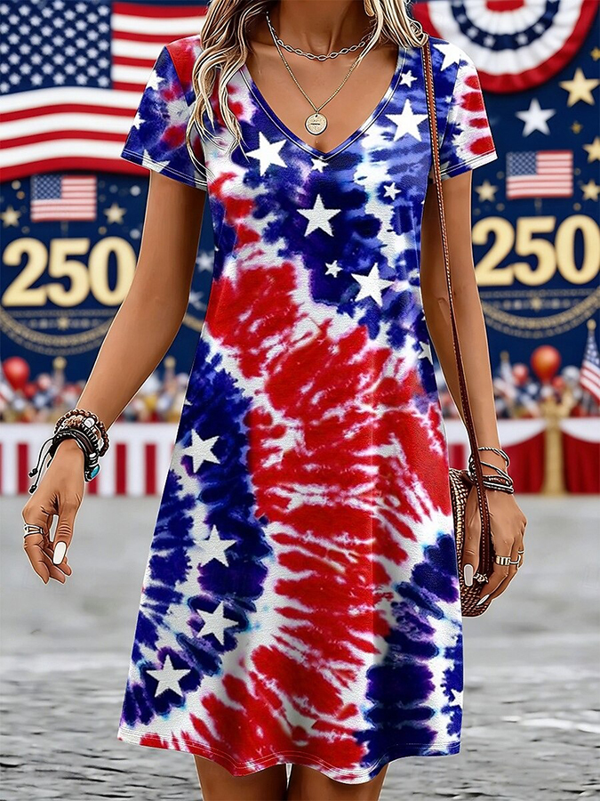 Ladies' Casual American Five-Star Flag Flower Tie Dye V-Neck Short Sleeved Dress