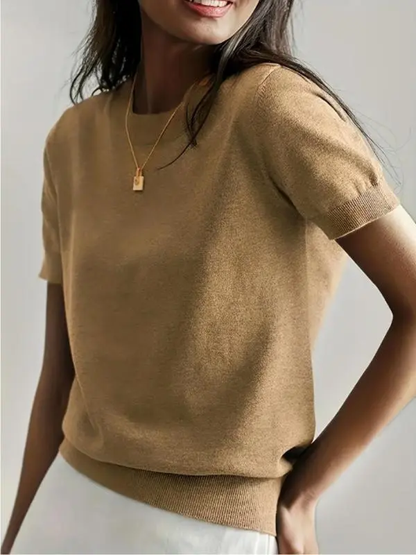 Women's Solid Color Crew Neck Short Sleeve Pullover