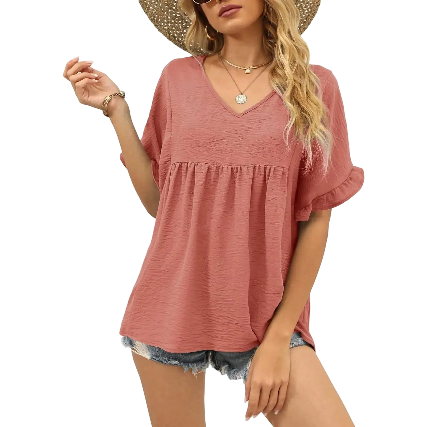 Womens Tops Casual V Neck Ruffle Sleeve T Shirts Babydoll Loose Fit Peplum Tops