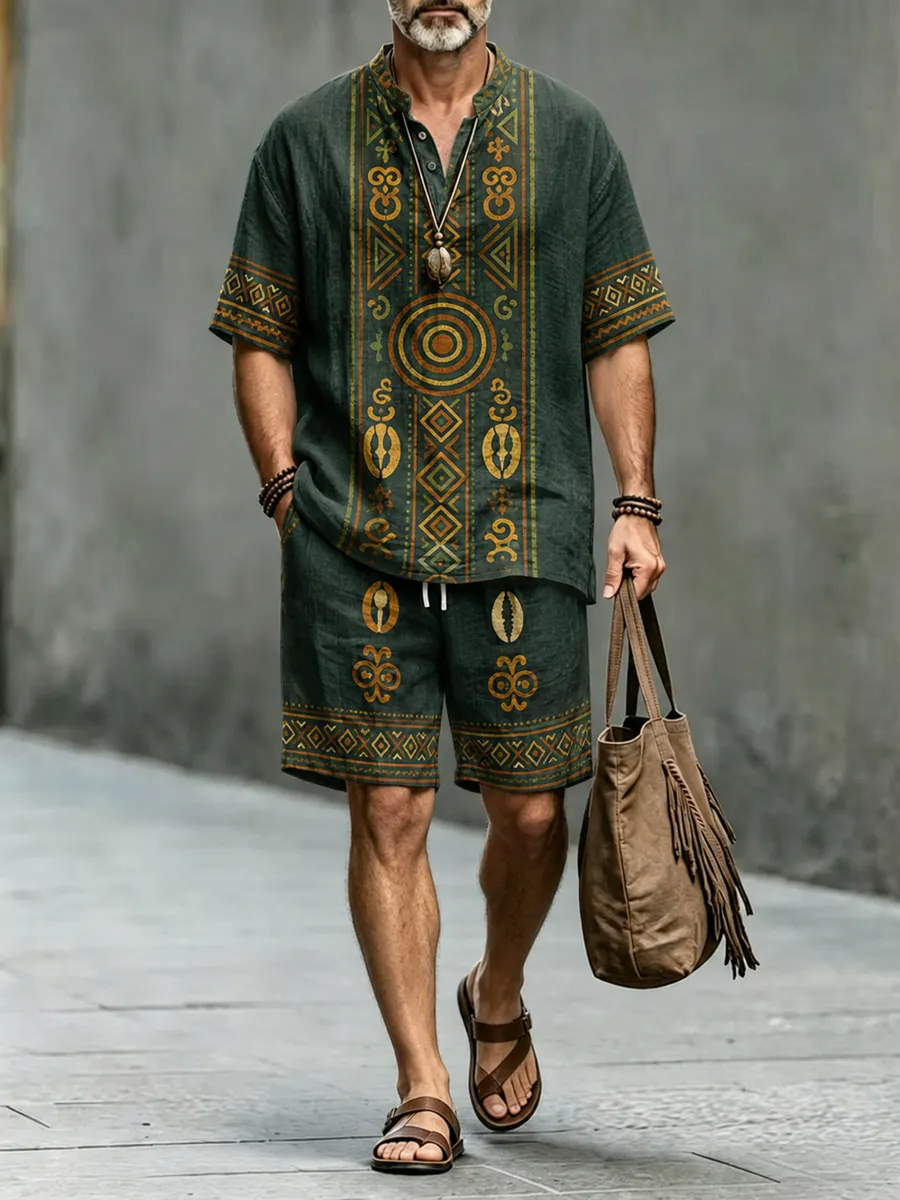 Men's Retro Ethnic-Style Geometric Art Print Casual Set